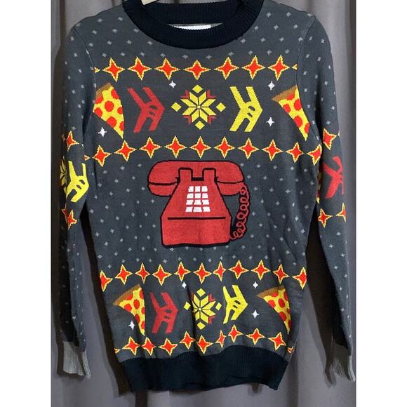 TIPSY  ELVES CHRISTMAS SWEATER SIZE SMALL. phone and Pizza Design - Picture 2 of 11